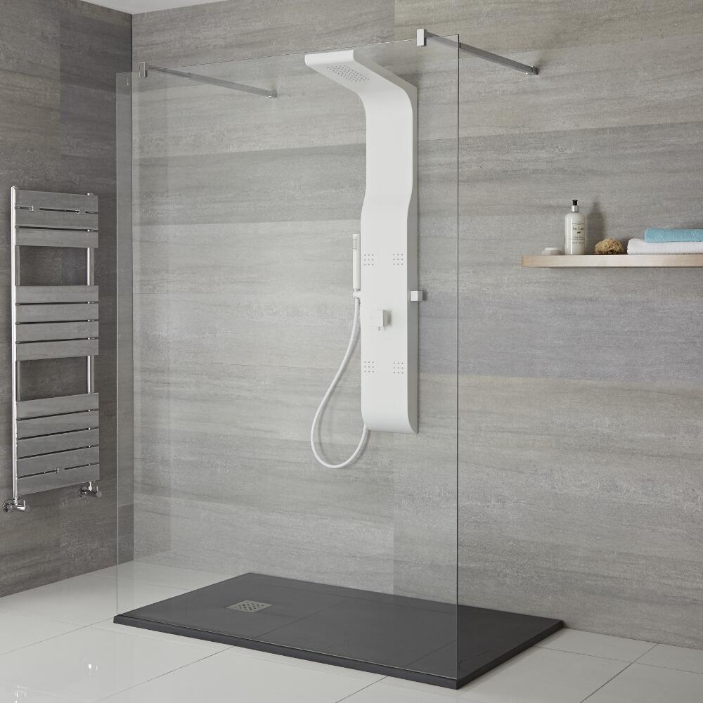 Pannello Doccia Manuale Bianco a 3 Vie in ABS con Soffione Doccia 4 Idrogetti e Doccetta con Flessibile 1400x207x450mm - Alston