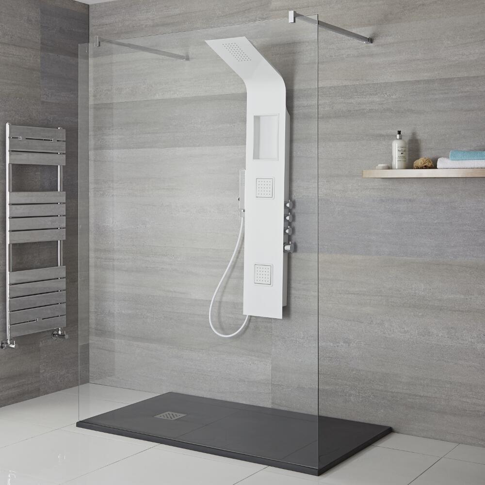 Pannello Doccia Termostatico Bianco a 3 Vie in Alluminio con Soffione Doccia, Mensola Integrata e Doccetta 1450x245x495mm - Stamford