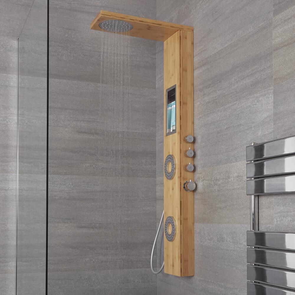 Pannello Doccia Termostatico a 3 Vie Effetto Bambù con Soffione Doccia, Mensola Integrata e Doccetta 1400x220x495mm- Iako