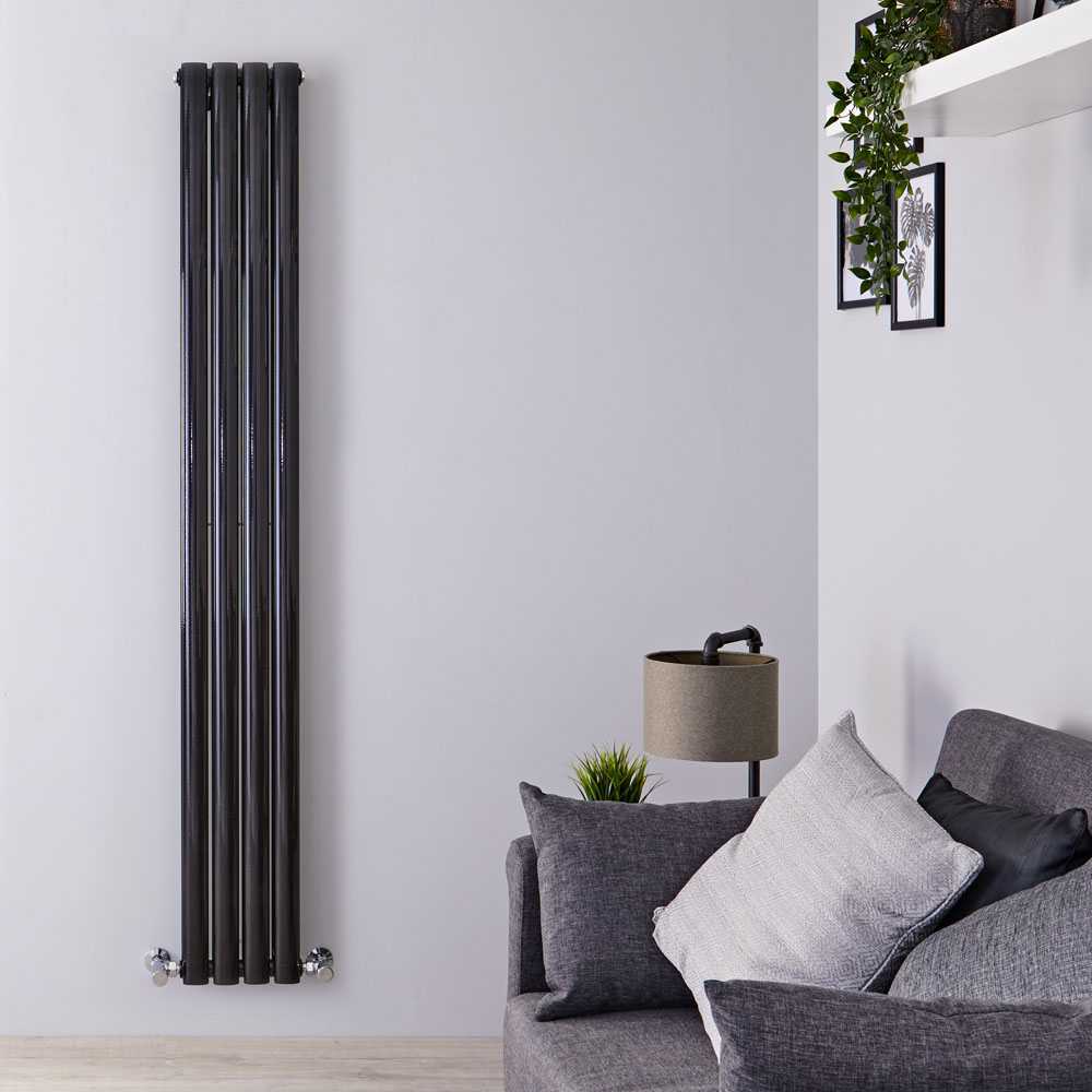 Radiatore di Design Verticale Doppio Salva-spazio - Nero Lucido - 1780mm x 236mm x 78mm - 934 Watt - Revive Slim