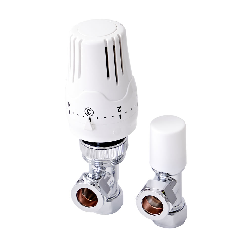 Valvola Termostatica a Squadra per Radiatore o Scaldasalviette con Detentore per Tubi in Rame 15mm