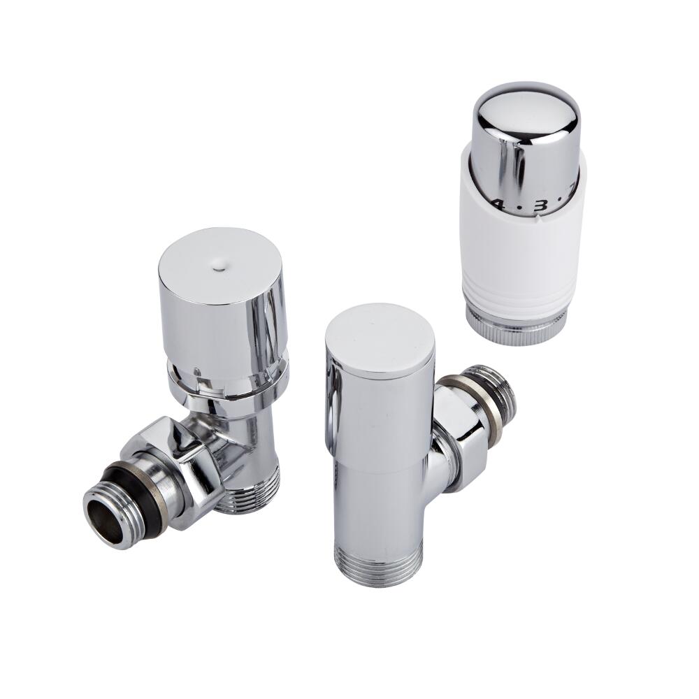 Coppia di Valvole a Squadra per Radiatori e Scaldasalviette 3/4” con Testa Termostatica Bianca e Selezione di Adattatori - Pex e Multistrato 12mm