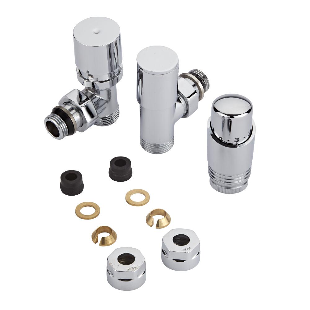 Coppia di Valvole per Radiatori e Scaldasalviette 3/4” con Testa Termostatica Cromata e Adattatori per Tubi in Rame 14mm