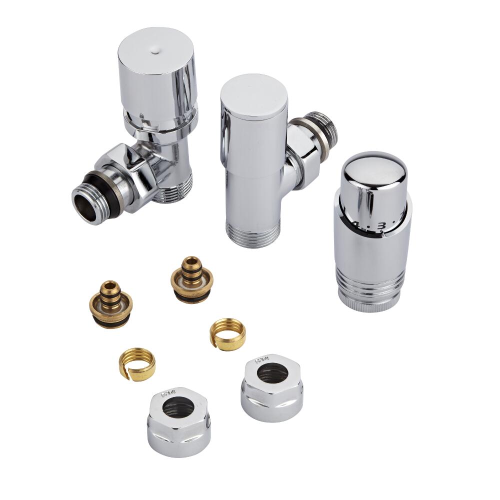 Coppia di Valvole per Radiatori e Scaldasalviette 3/4” con Testa Termostatica Cromata e Adattatori per Raccordi Pex o Multistrato 14mm