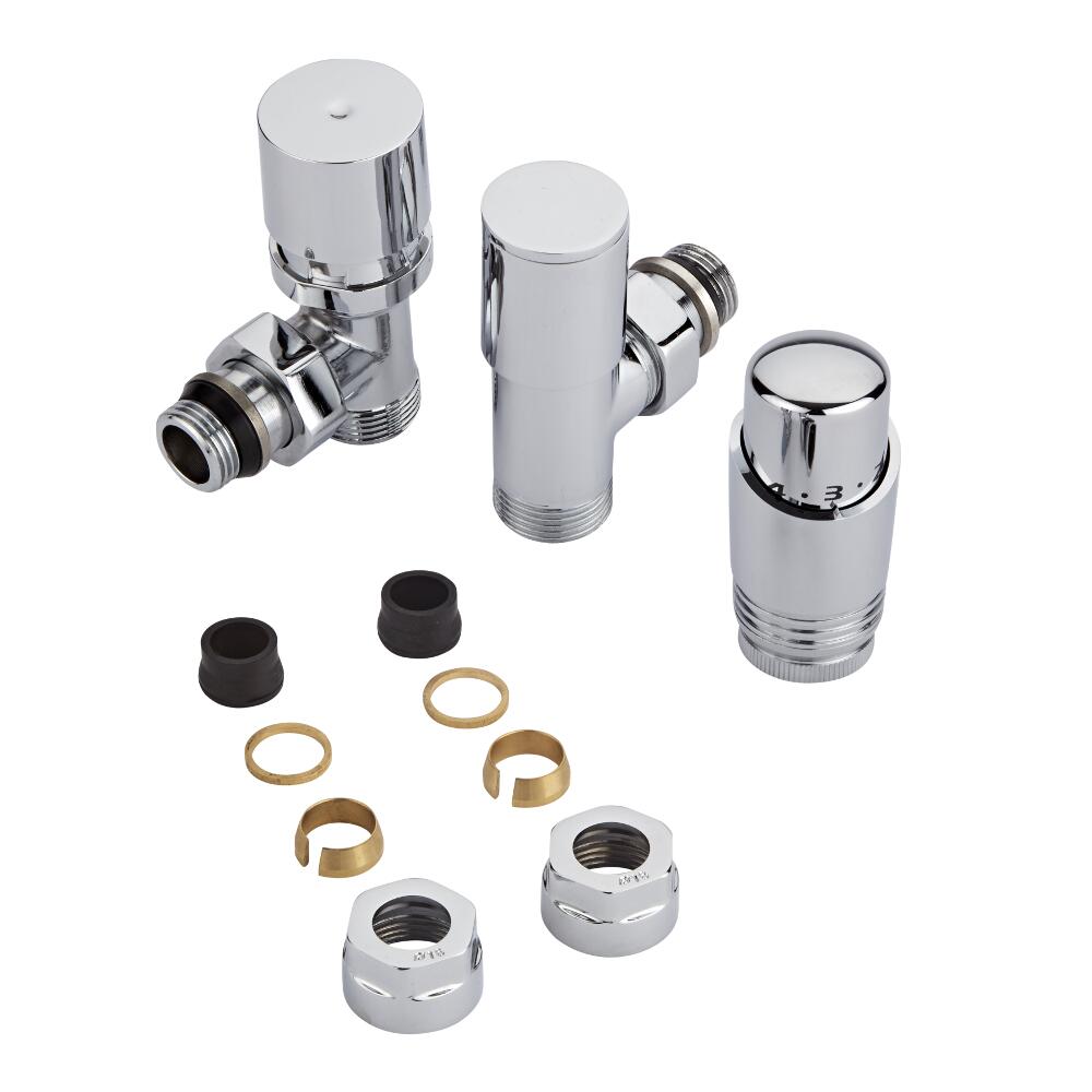 Coppia di Valvole per Radiatori e Scaldasalviette 3/4” con Testa Termostatica Cromata e Adattatori per Tubi in Rame 16mm