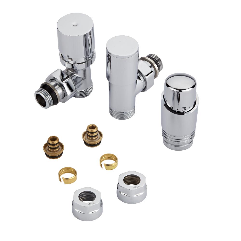 Coppia di Valvole per Radiatori e Scaldasalviette 3/4” con Testa Termostatica Cromata e Adattatori per Raccordi Pex o Multistrato 16mm