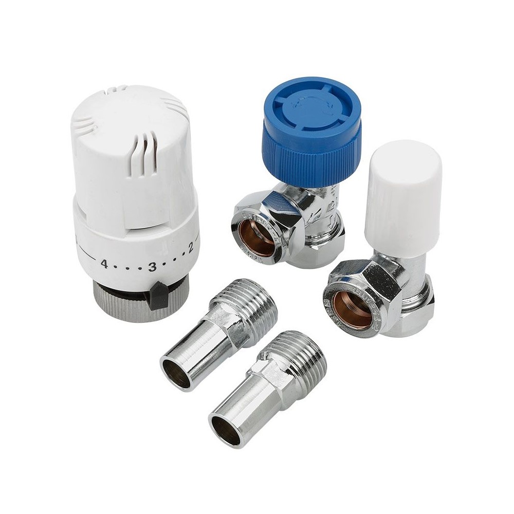 Paio Di Valvole Termostatiche Per Radiatore Ad Angolo con Testa in ABS Bianco per Tubi in Rame 15mm