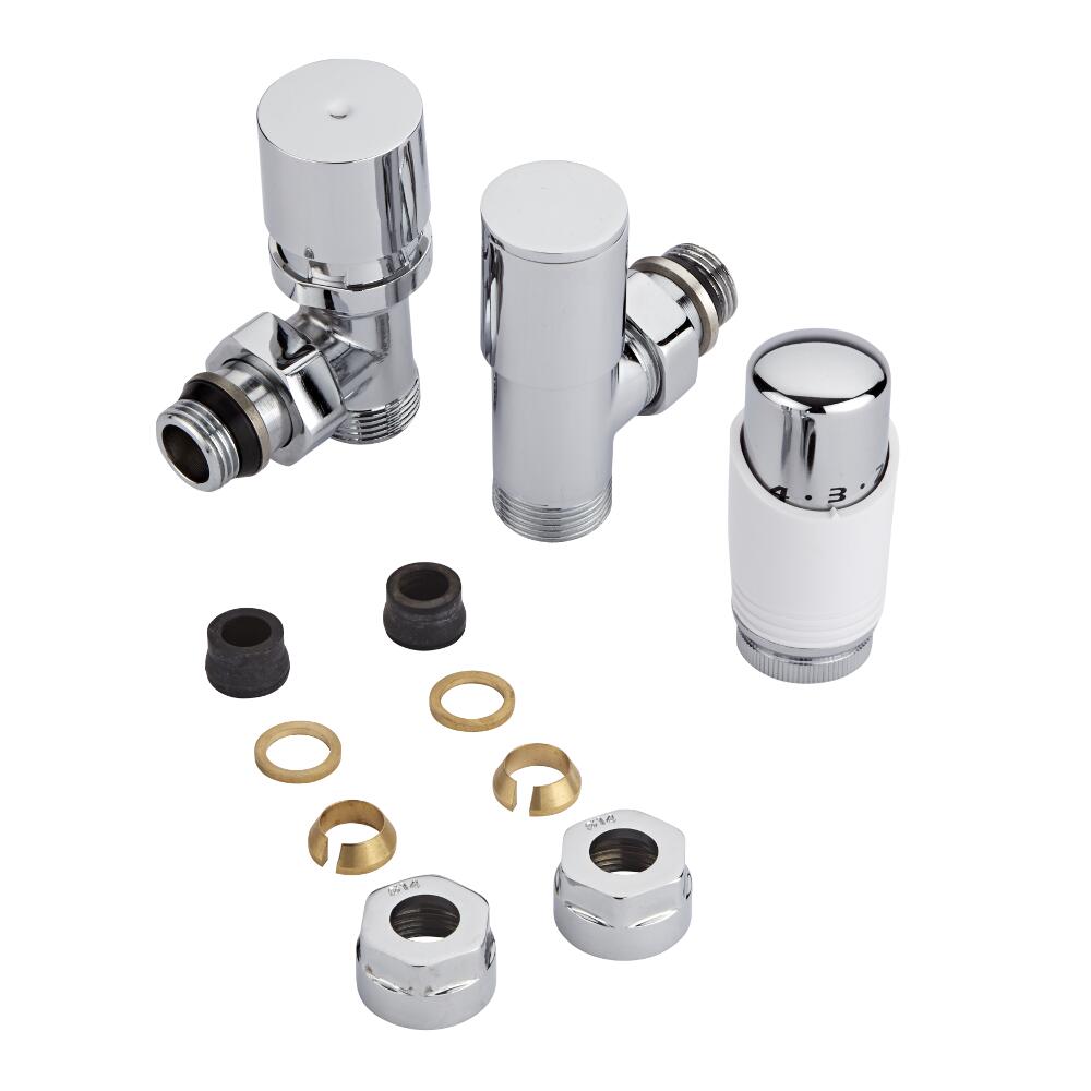 Coppia di Valvole per Radiatori e Scaldasalviette 3/4” con Testa Termostatica e Adattatori per Tubi in Rame 14mm