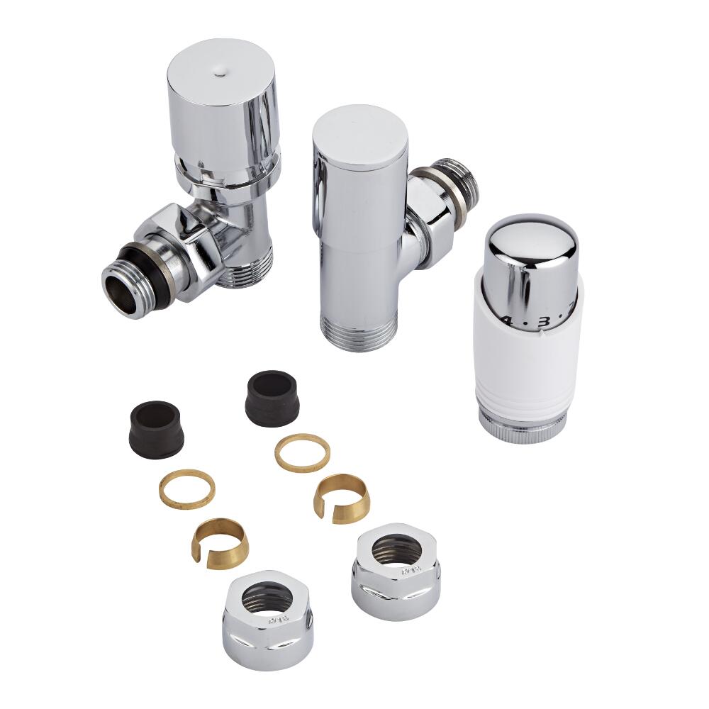 Coppia di Valvole per Radiatori e Scaldasalviette 3/4” con Testa Termostatica e Adattatori per Tubi in Rame 16mm