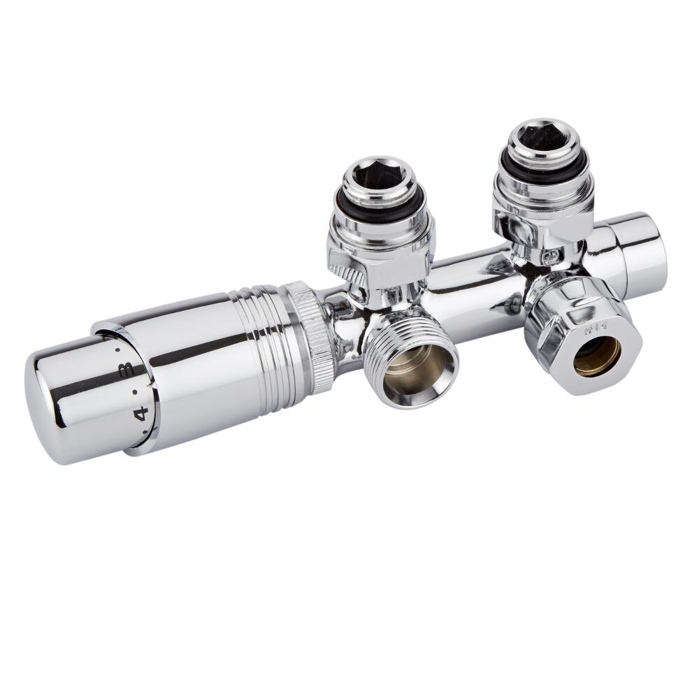 Valvole a Squadra Cromate per Radiatori e Scaldasalviette 3/4” con Testa Termostatica Cromata e Selezione di Adattatori – Multiblock H