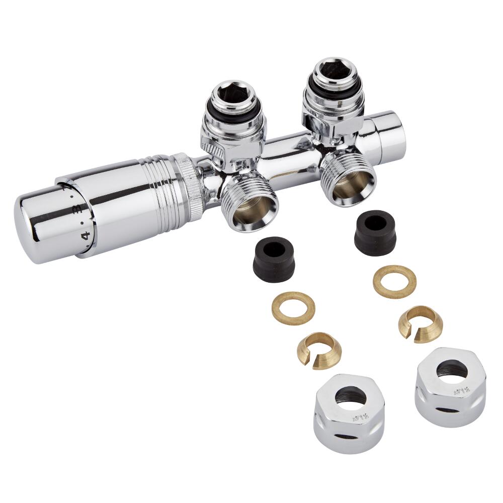 Valvole a Squadra per Radiatori e Scaldasalviette 3/4” con Testa Termostatica Cromata e Adattatori per Raccordi 12mm per Tubi in Rame - Multiblock H