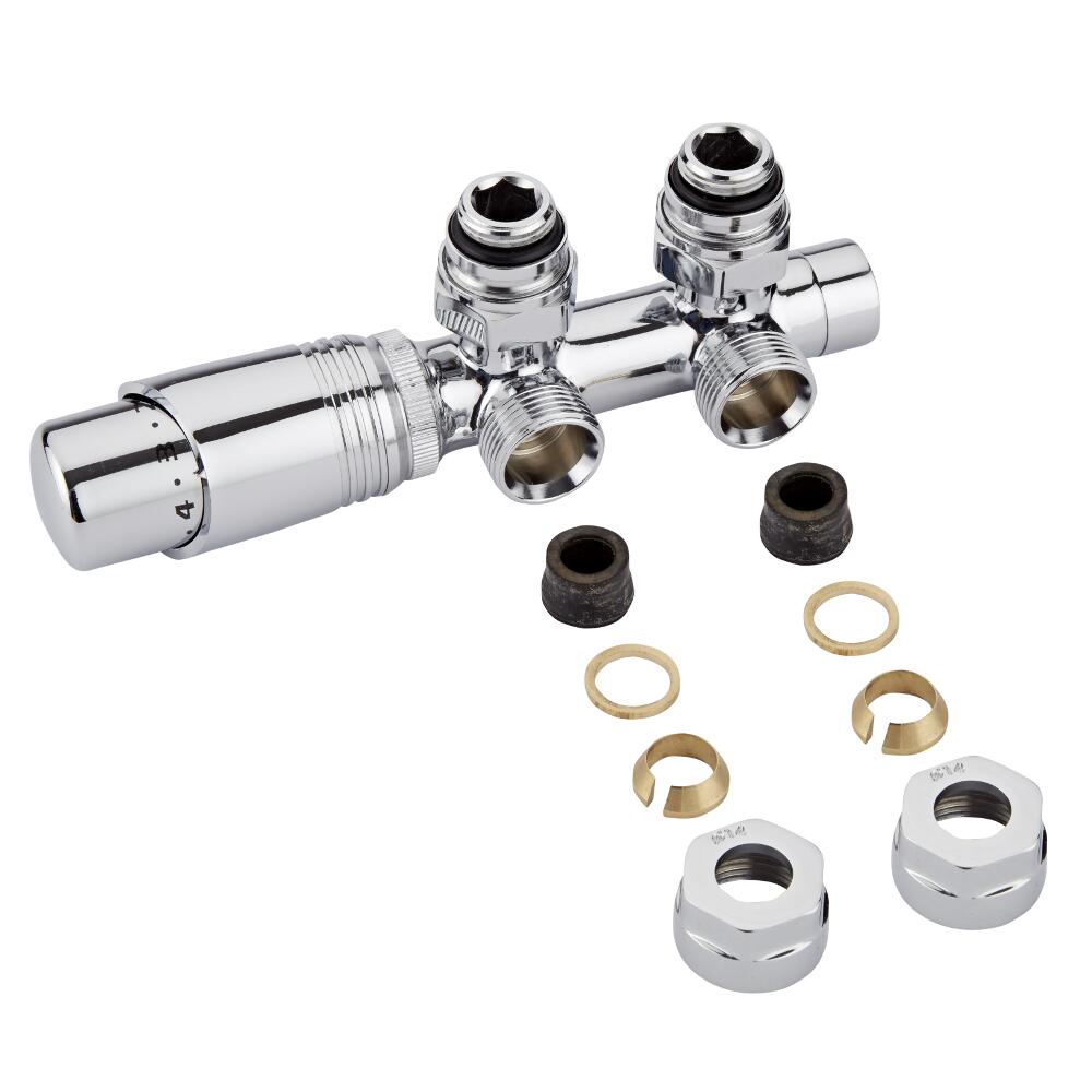 Valvole a Squadra per Radiatori e Scaldasalviette 3/4” con Testa Termostatica Cromata e Adattatori per Raccordi 14mm per Tubi in Rame - Multiblock H