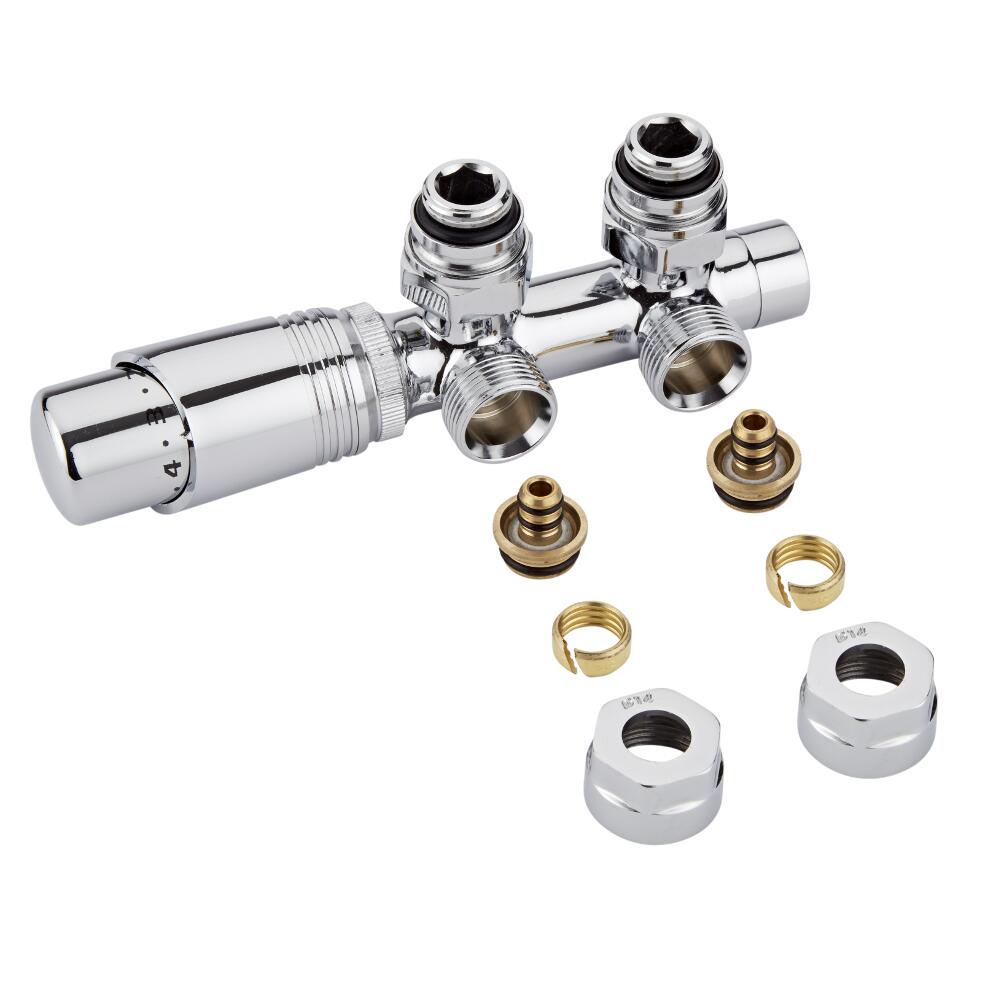 Valvole a Squadra per Radiatori e Scaldasalviette 3/4” con Testa Termostatica Cromata e Adattatori per Raccordi Pex o Multistrato 14mm – Multiblock H
