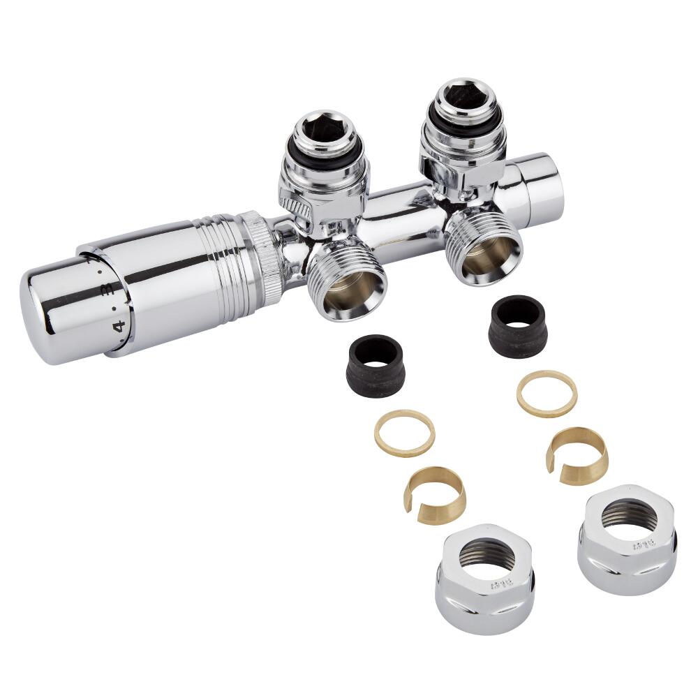 Valvole a Squadra per Radiatori e Scaldasalviette 3/4” con Testa Termostatica Cromata e Adattatori per Raccordi 16mm per Tubi in Rame - Multiblock H
