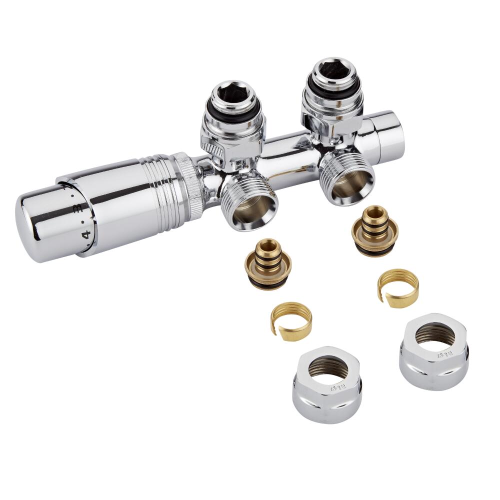Valvole a Squadra per Radiatori e Scaldasalviette 3/4” con Testa Termostatica Cromata e Adattatori per Raccordi Pex o Multistrato 16mm – Multiblock H