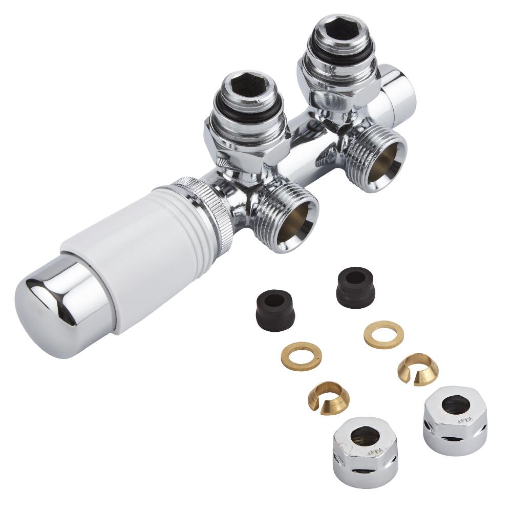 Valvole a Squadra per Radiatori e Scaldasalviette 3/4” con Testa Termostatica Cromata con Bianco e Adattatori per Raccordi 12mm per Tubi in Rame - Multiblock H
