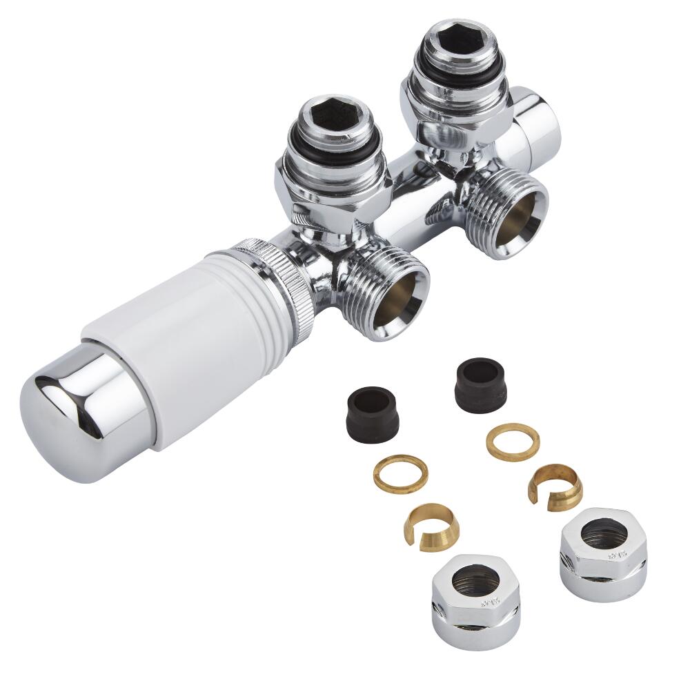 Valvole a Squadra per Radiatori e Scaldasalviette 3/4” con Testa Termostatica Cromata con Bianco e Adattatori per Raccordi 15mm per Tubi in Rame - Multiblock H