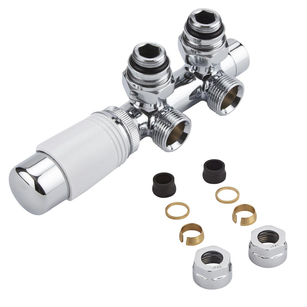 Valvole a Squadra per Radiatori e Scaldasalviette 3/4” con Testa Termostatica Cromata con Bianco e Adattatori per Raccordi 16mm per Tubi in Rame - Multiblock H