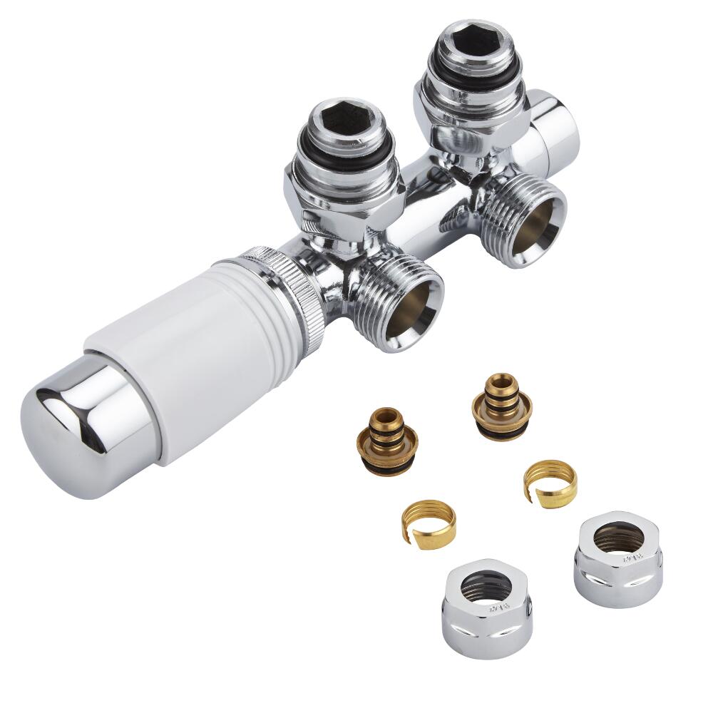 Valvole a Squadra per Radiatori e Scaldasalviette 3/4” con Testa Termostatica Bianca con Adattatore Multiplo per Raccordi Pex e Multistrato 16mm - Multiblock H