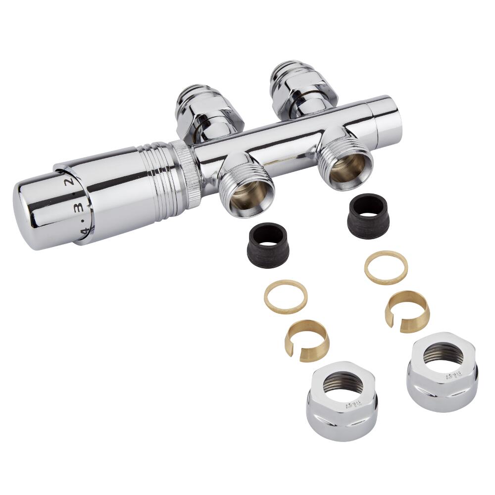 Valvole Diritte per Radiatori e Scaldasalviette 3/4” con Testa Termostatica Cromata e Adattatori per Raccordi 14mm per Tubi in Rame - Multiblock H