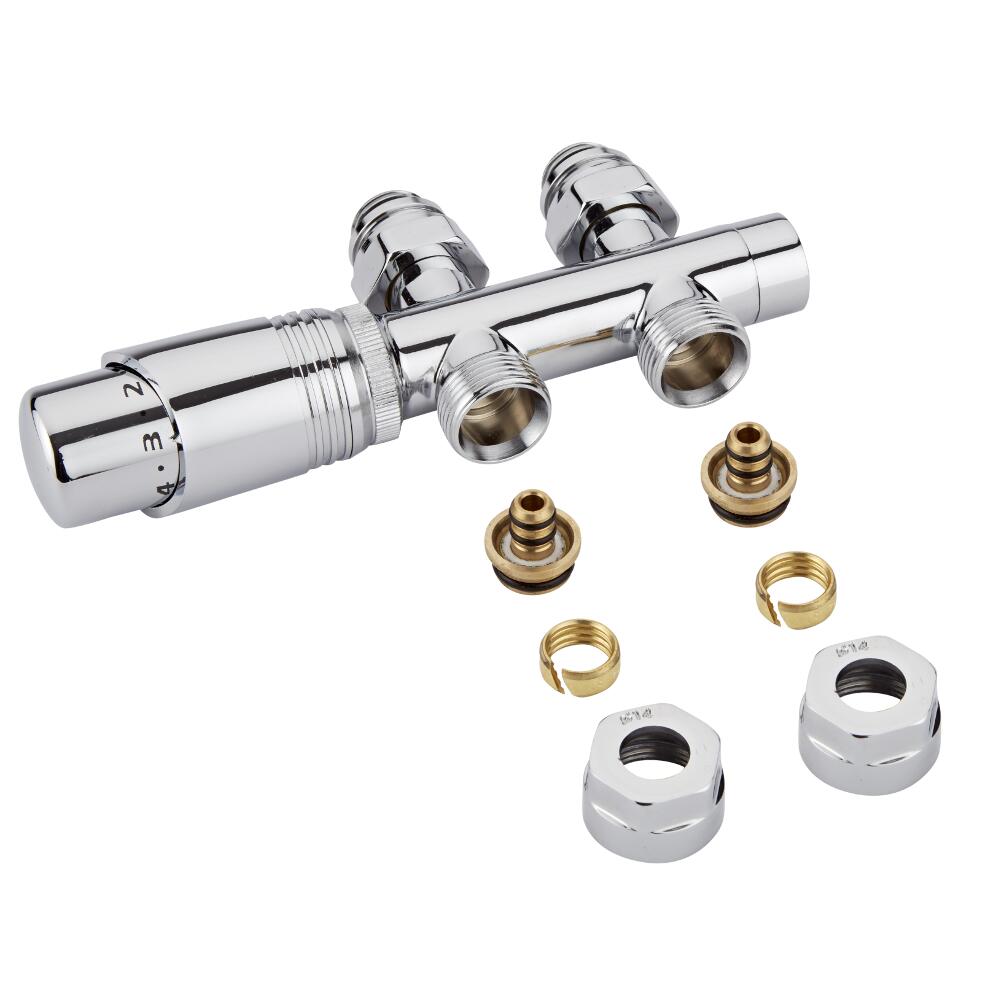 Valvole Diritte per Radiatori e Scaldasalviette 3/4” con Testa Termostatica Bianca con Adattatore Multiplo per Raccordi Multistrato e Pex 14mm - Multiblock H