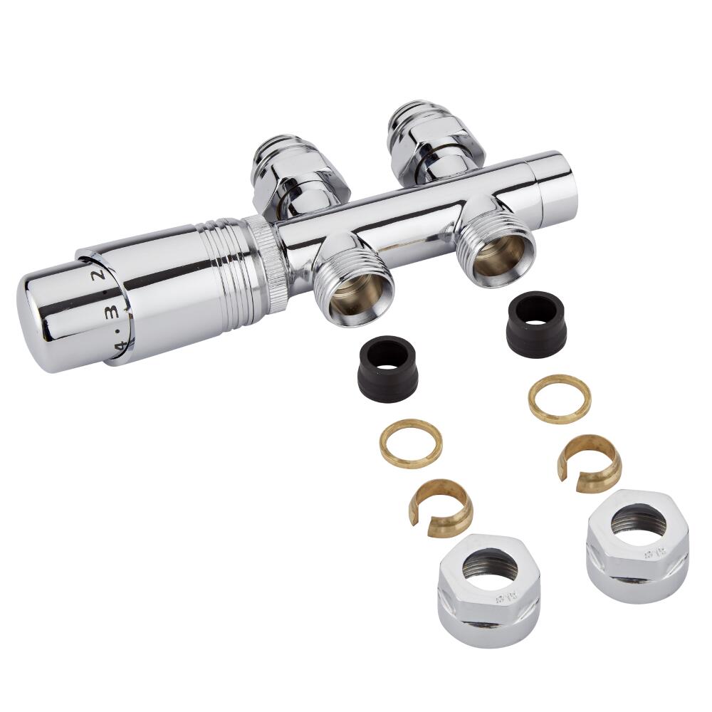 Valvole Diritte per Radiatori e Scaldasalviette 3/4” con Testa Termostatica Cromata e Adattatori per Raccordi 15mm per Tubi in Rame - Multiblock H