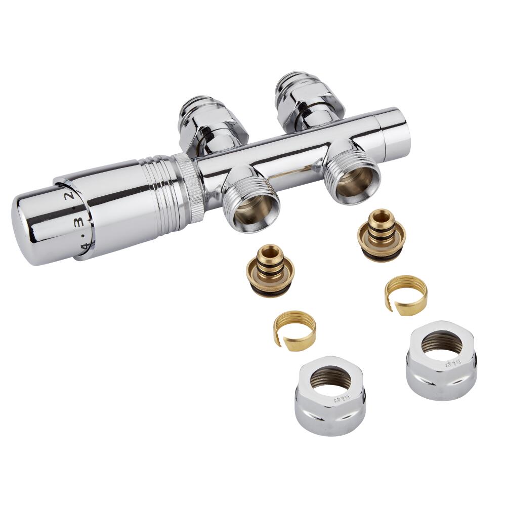 Valvole Diritte per Radiatori e Scaldasalviette 3/4” con Testa Termostatica Bianca con Adattatore Multiplo per Raccordi Multistrato e Pex 16mm - Multiblock H