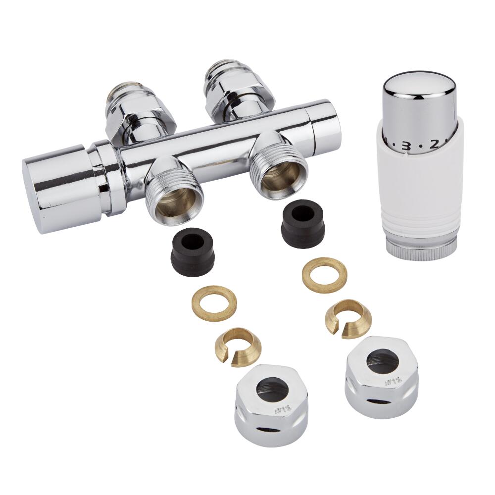 Valvole Diritte per Radiatori e Scaldasalviette 3/4” con Testa Termostatica Cromata con Bianco e Adattatori per Raccordi 12mm per Tubi in Rame - Multiblock H