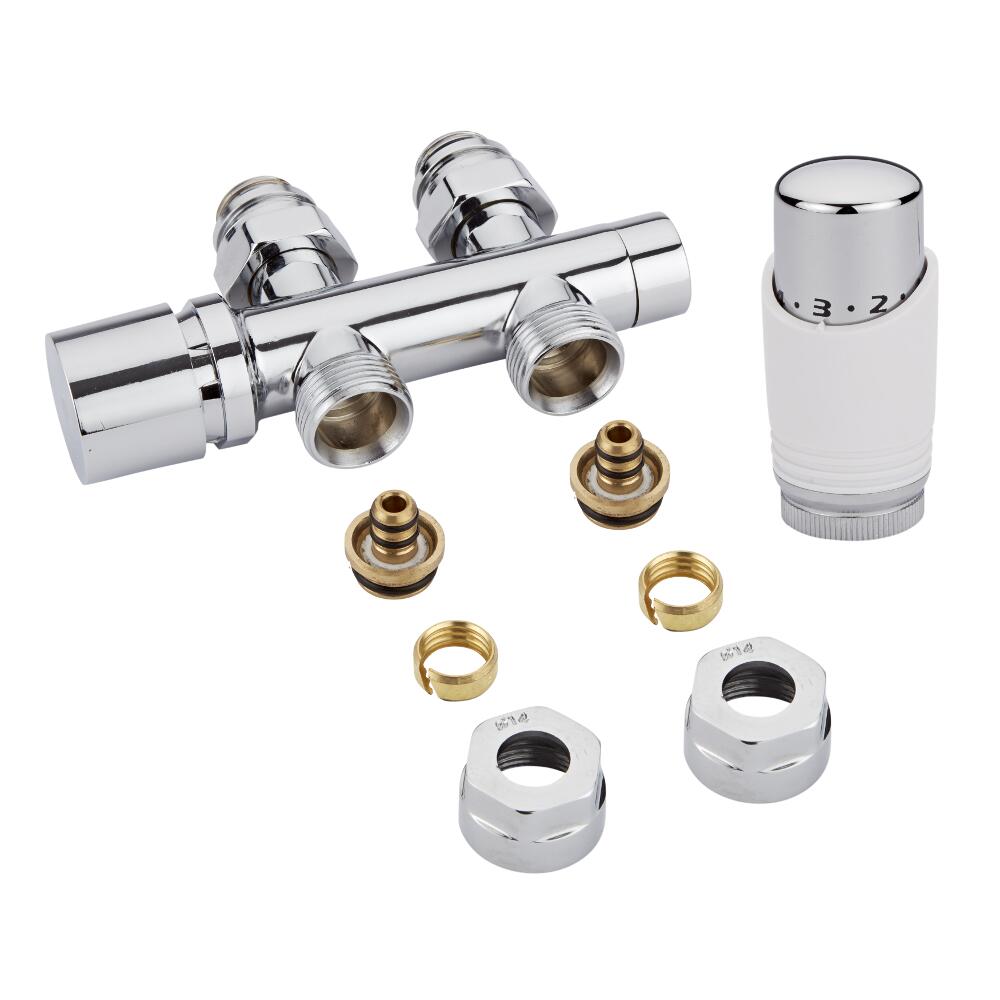 Valvole Diritte per Radiatori e Scaldasalviette 3/4” con Testa Termostatica Bianca e Cromata con Adattatore Multiplo per Raccordi Multistrato e Pex 14mm - Multiblock H