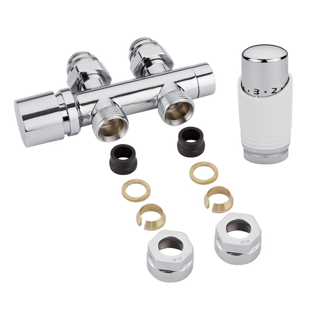 Valvole Diritte per Radiatori e Scaldasalviette 3/4” con Testa Termostatica Cromata con Bianco e Adattatori per Raccordi 15mm per Tubi in Rame - Multiblock H