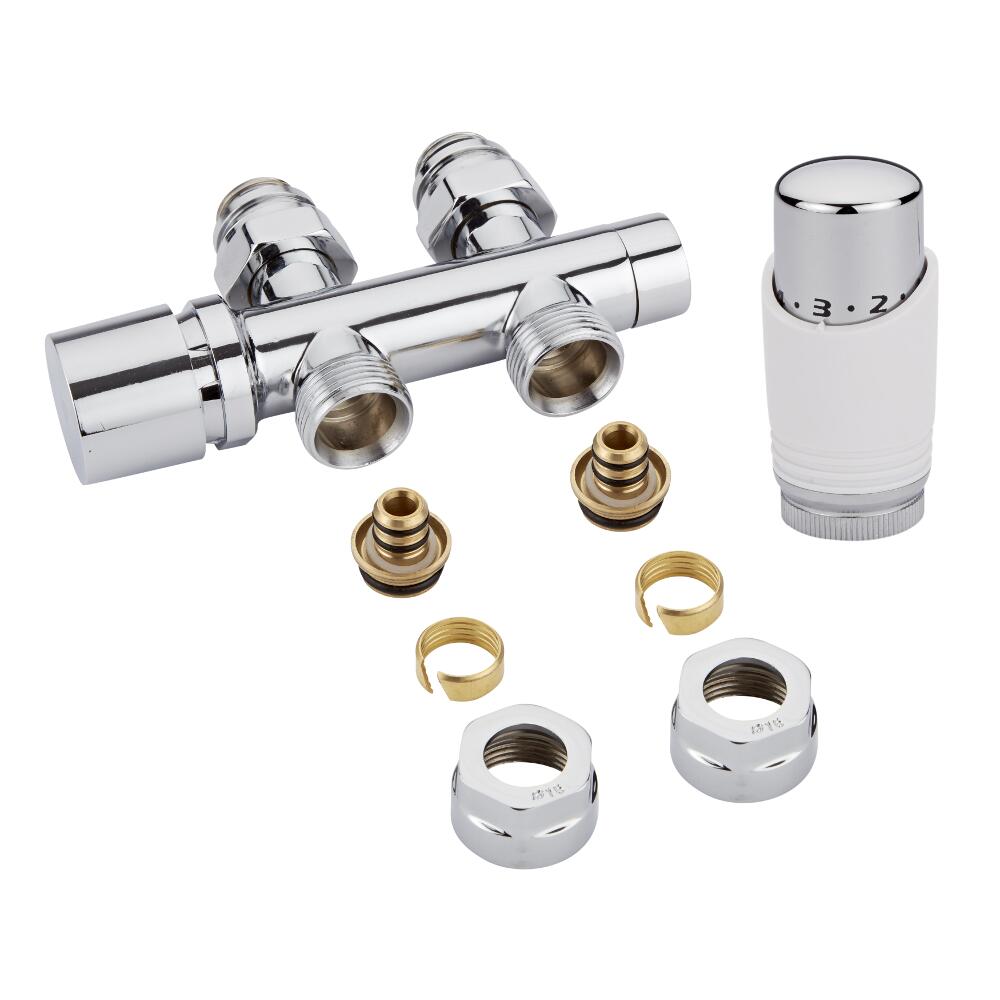 Valvole Diritte per Radiatori e Scaldasalviette 3/4” con Testa Termostatica Bianca e Cromata con Adattatore Multiplo per Raccordi Pex o Multistrato 16mm - Multiblock H