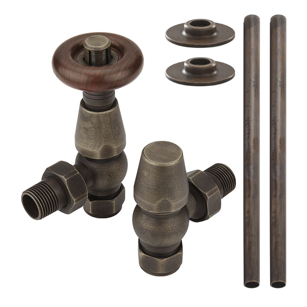 Paio di Valvole Tradizionali Termostatiche a Squadra con Finitura Effetto Bronzo Anticato per Radiatore o Scaldasalviette per Tubi in Rame 15mm - Oxford