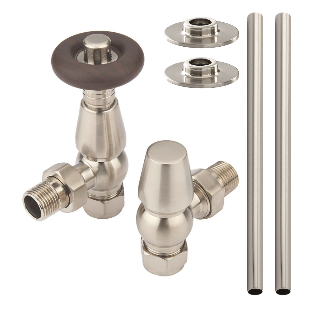 Paio di Valvole Tradizionali Termostatiche a Squadra con Finitura Effetto Satinato per Radiatore o Scaldasalviette per Tubi in Rame 15mm - Oxford