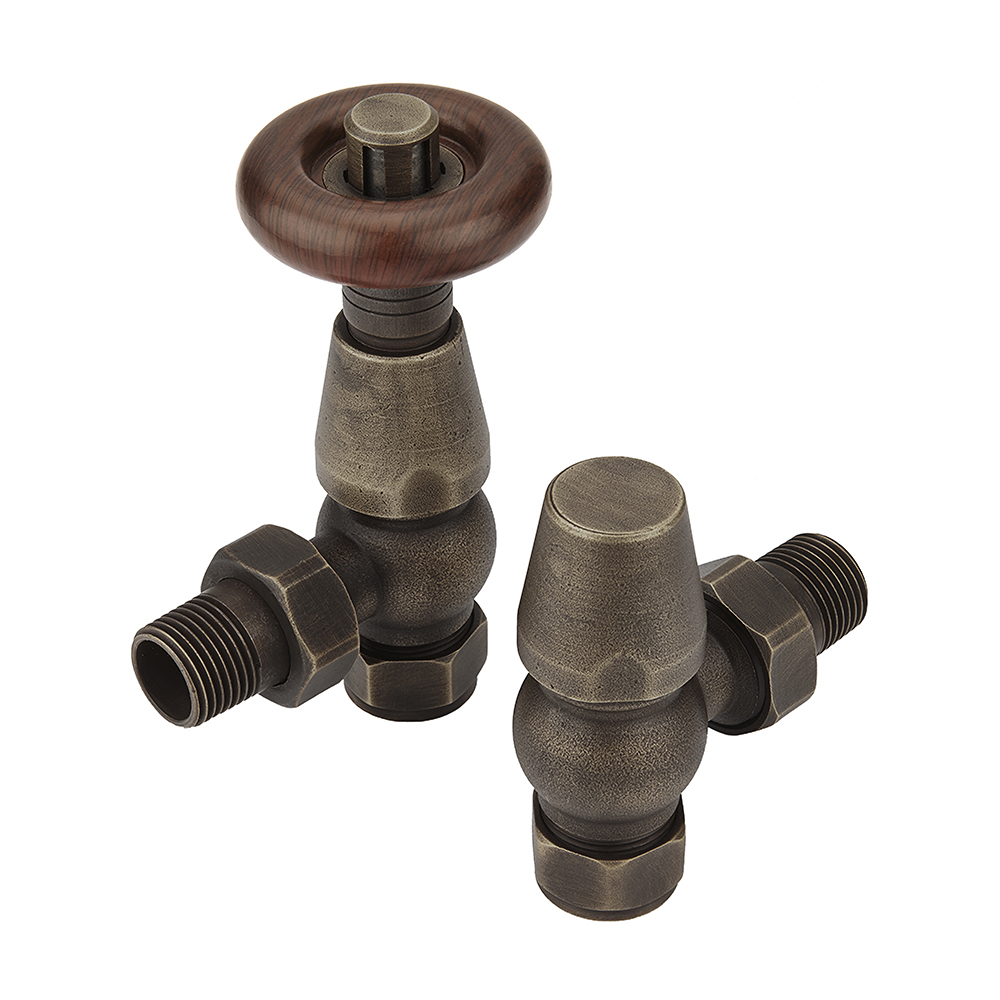 Paio di Valvole Tradizionali Termostatiche a Squadra per Radiatore e Scaldasalviette Finitura Bronzata per Tubi in Rame 15mm