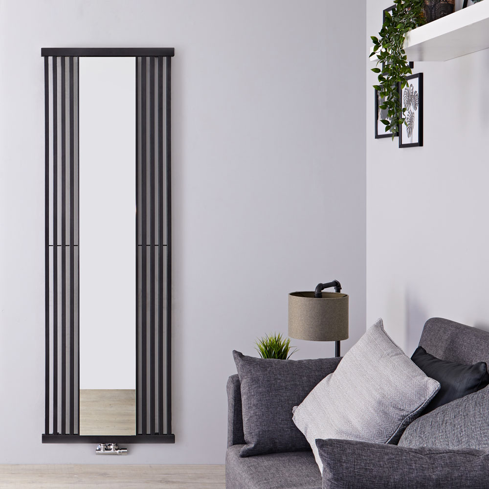 Radiatore di Design Verticale con Attacco Centrale - Con Specchio - Nero - 1700mm x 640mm x 60mm - 1172 Watt - Lublin