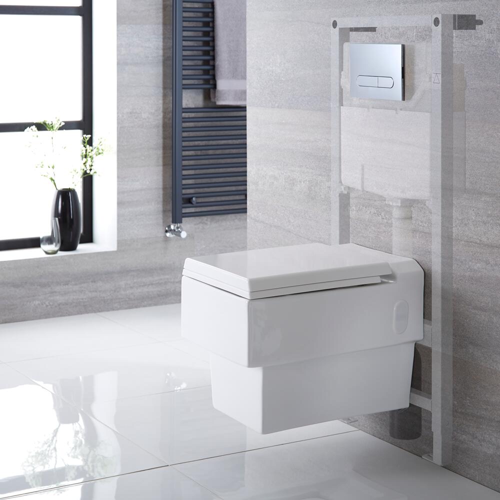 Sanitario Bagno WC Quadrato Sospeso 410x340x440mm con Sedile Copri WC Soft Close, Telaio con Cassetta ad Incasso con Placca di Comando per WC A Doppio Pulsante - Haldon