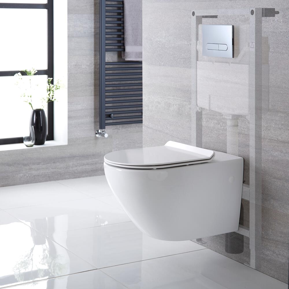 Sanitario Bagno WC Sospeso Ovale 340x360x585mm con Sedile Copri WC Soft Close, Telaio con Cassetta ad Incasso con Placca di Comando per WC A Doppio Pulsante - Otterton