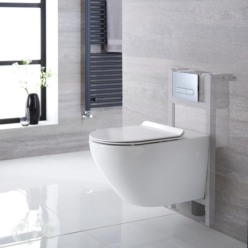Sanitario Bagno WC Sospeso Ovale 340x360x585mm Completo con Sedile Copri WC Soft Close, Telaio con Cassetta ad Incasso con Placca di Comando per WC A Doppio Pulsante - Otterton