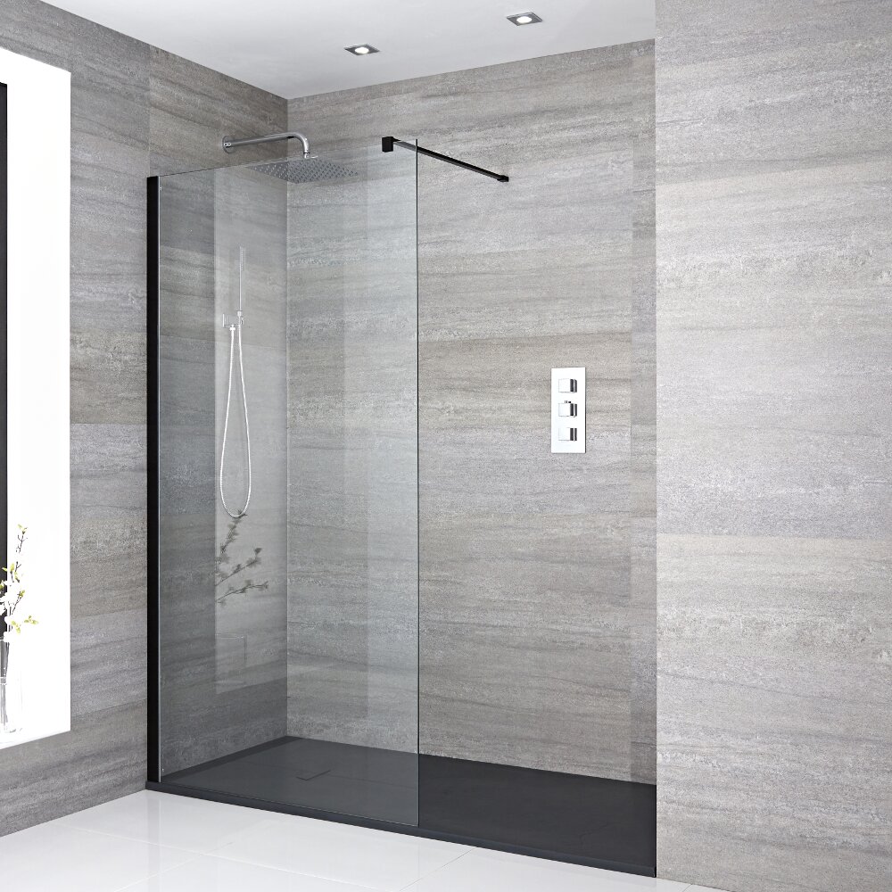 Kit Box Doccia Walk-In 1400 x 800 mm con Piatto Doccia in Antracite e Profilo in Nero