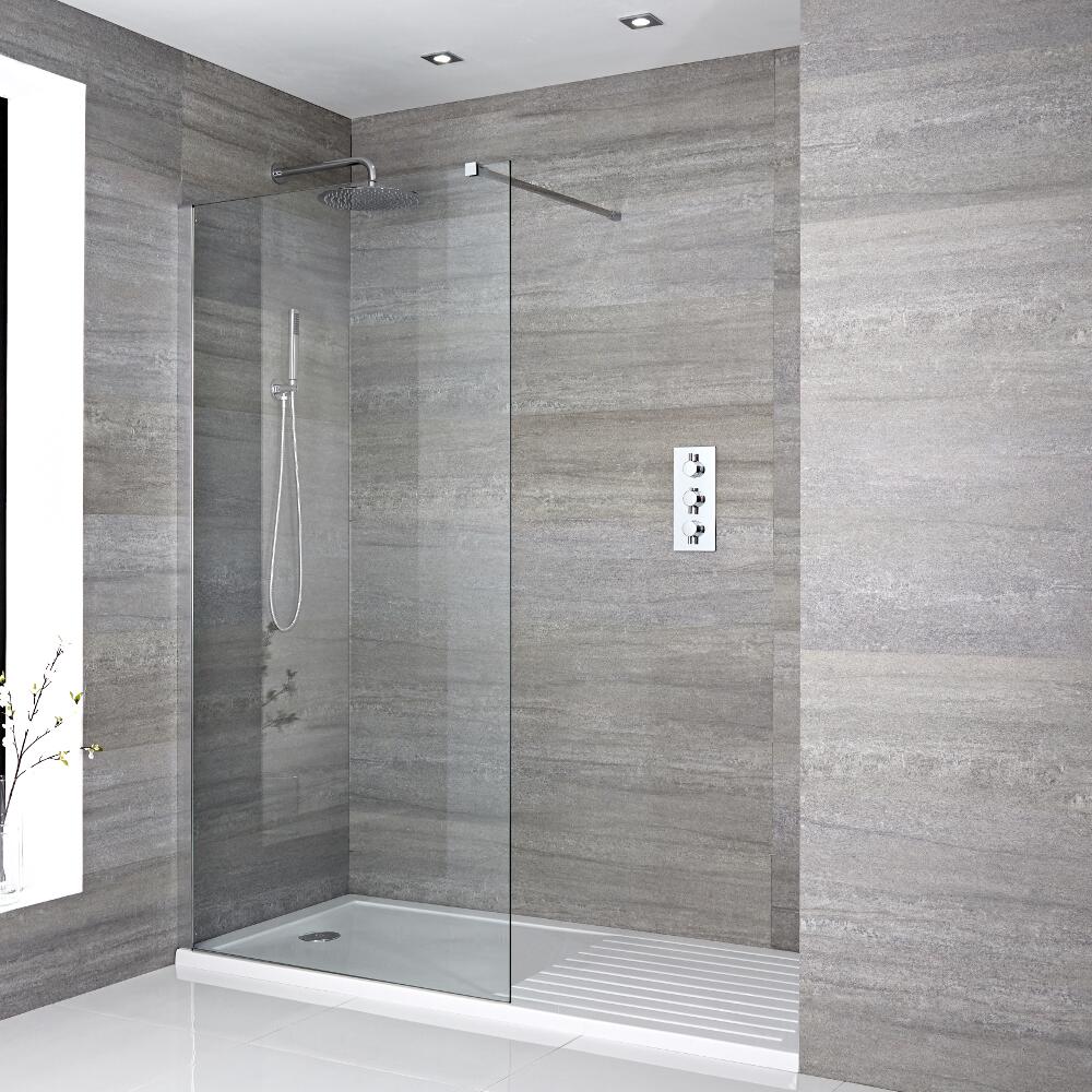 Kit Box Doccia Walk-in 1700 x 800 mm con Piatto Doccia in Bianco e Profilo in Cromo