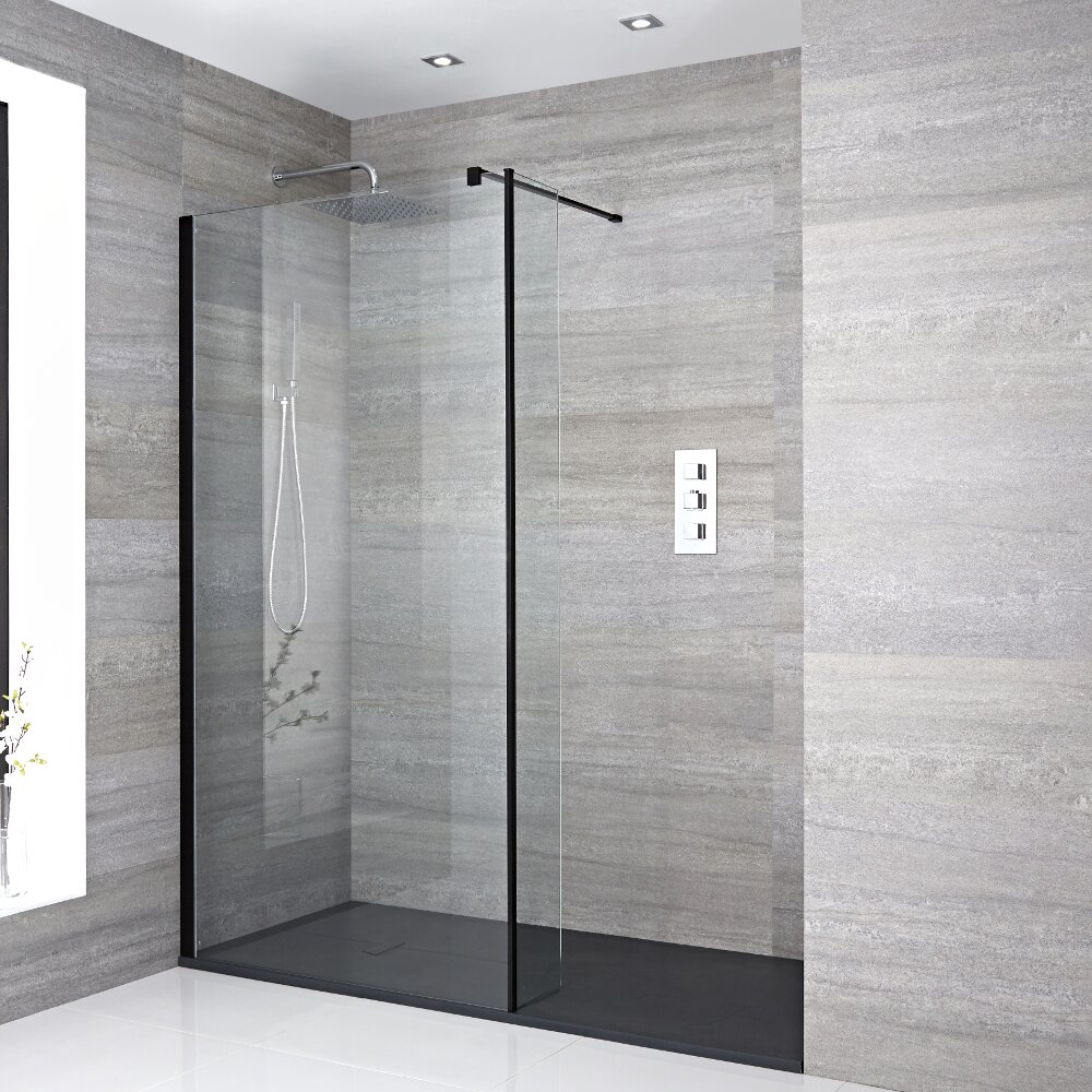 Kit Doccia Walk-In 1700 x 800 mm con Parete Doccia di 250 mm Profilo in Nero e Piatto Doccia in Antracite