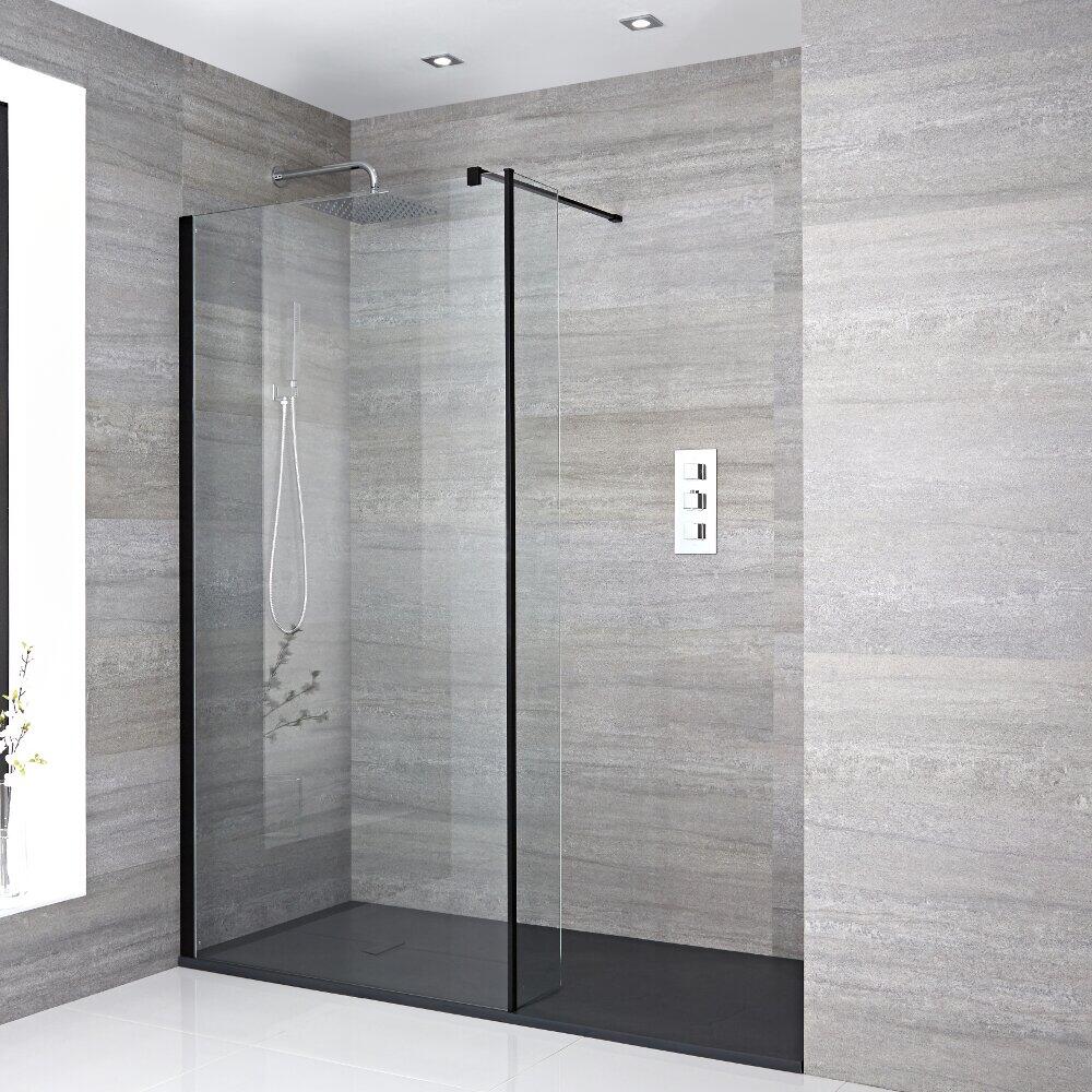 Kit Doccia Walk-In Angolare Nox con Piatto Doccia Effetto Grafite, Parete Doccia di 250mm e Profilo Nero - Disponibile in Diverse Misure