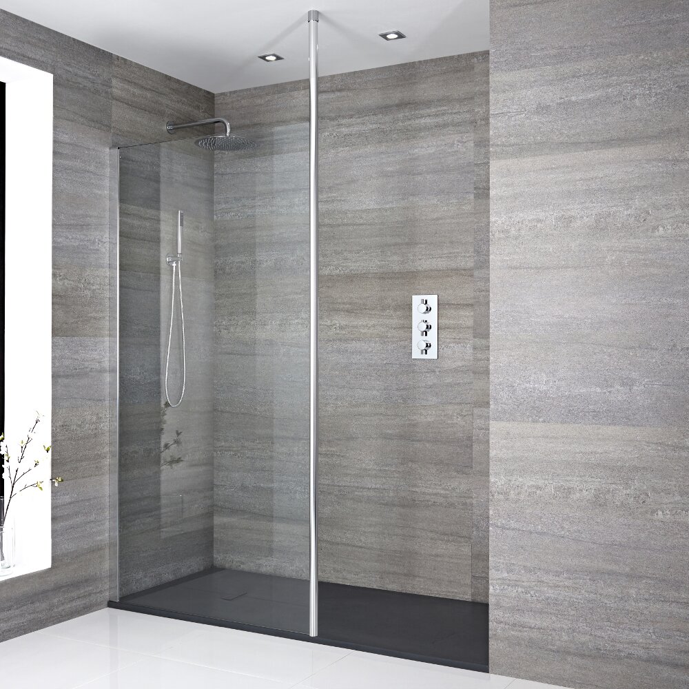 Kit Doccia Walk-In 1700 x 900 mm con Puntello da Pavimento a Soffitto con Piatto Doccia in Antracite