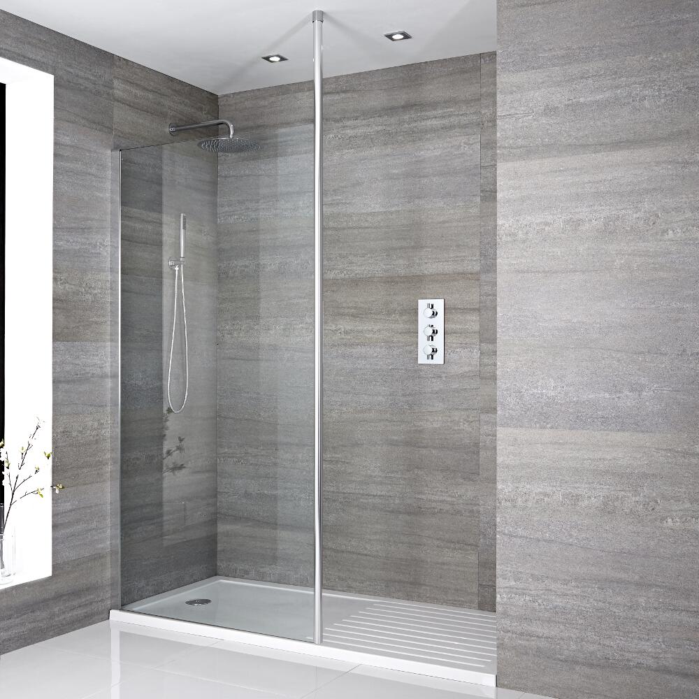 Kit Doccia Walk-In 1700 x 800 mm con Puntello da Pavimento a Soffitto e Piatto Doccia in Bianco
