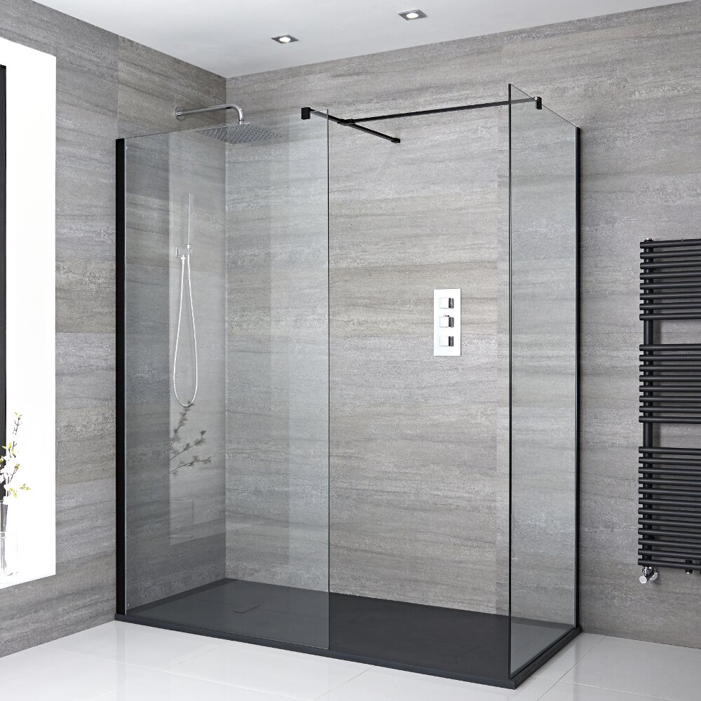 Kit Doccia Walk-In 1700 x 900 mm con 2 Pannelli di Vetro, Piatto Doccia in Antracite e Profilo in Nero