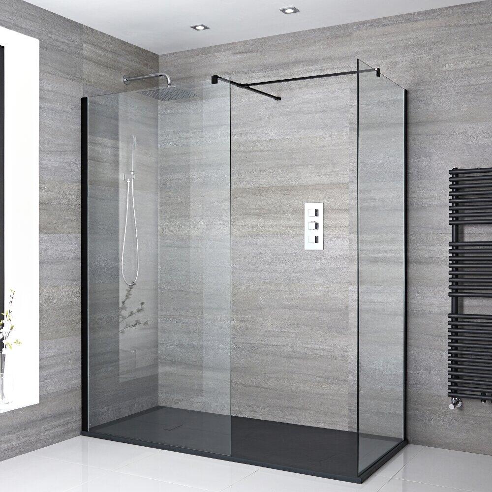 Kit Doccia Walk-In Angolare Nox Completo di Piatto Doccia Colore Grafito con 2 Pannelli di Vetro e Profilo Nero - Disponibile in Diverse Misure