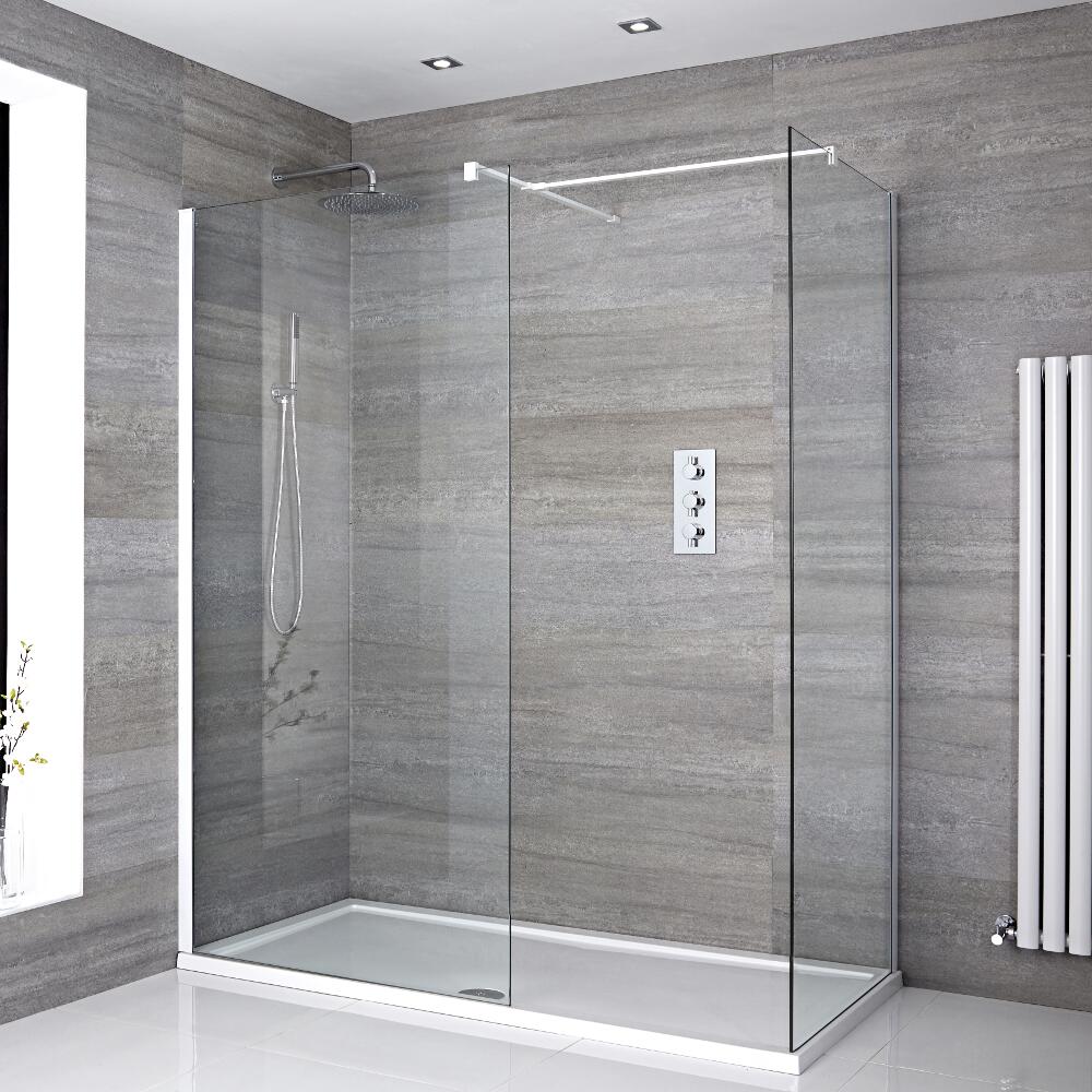 Kit Doccia Walk-In 1400 x 900 mm con 2 Pannelli di Vetro con Piatto Doccia e Profilo in Bianco