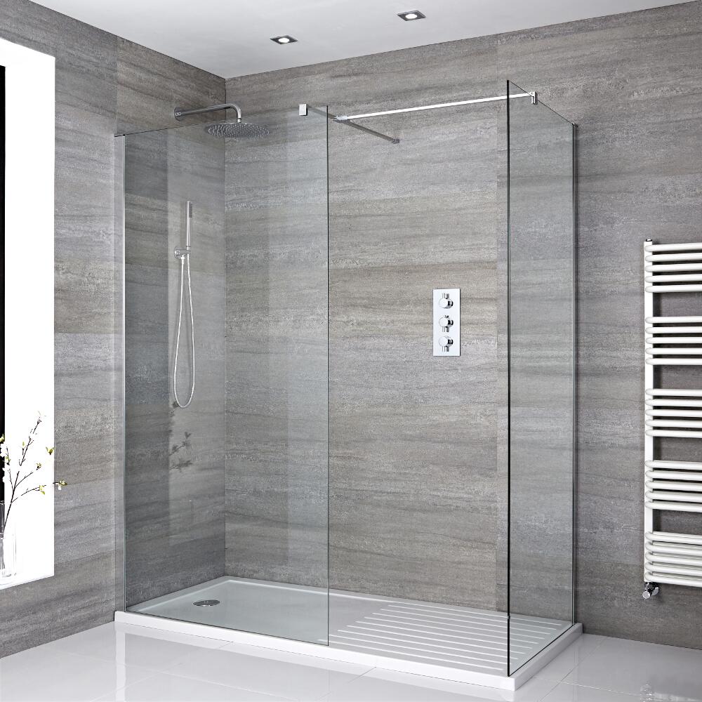 Kit Doccia Walk-In 1600 x 800 mm con 2 Pannelli di Vetro e Piatto Doccia In Bianco