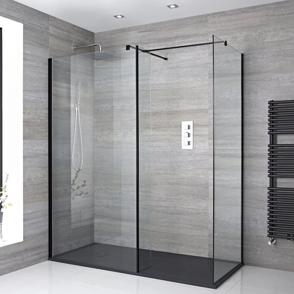 Kit Doccia Walk-In 1700x800mm con 2 Pannelli di Vetro, Parete Doccia e Piatto Doccia in Antracite – Nox