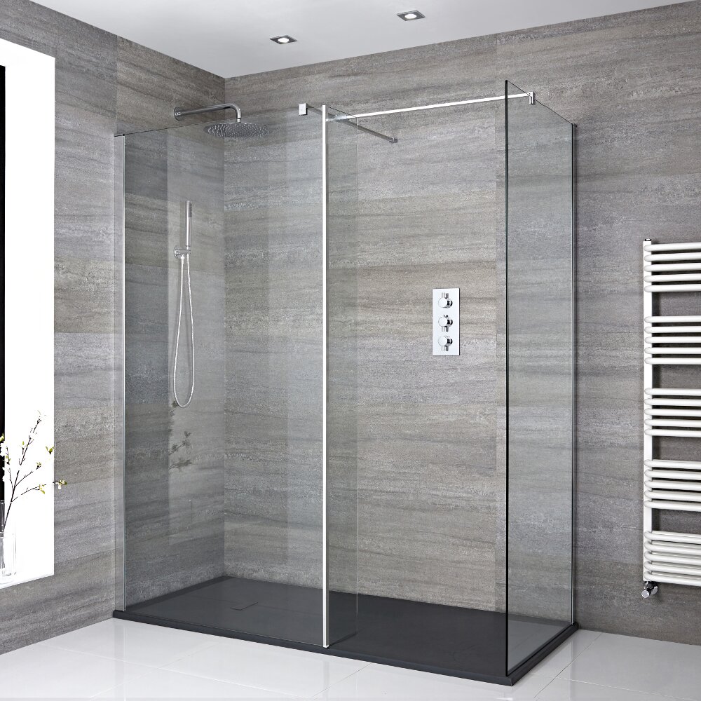 Kit Doccia Walk-In 1400x800mm con 2 Pannelli di Vetro, Parete Doccia e Piatto Doccia in Antracite – Portland